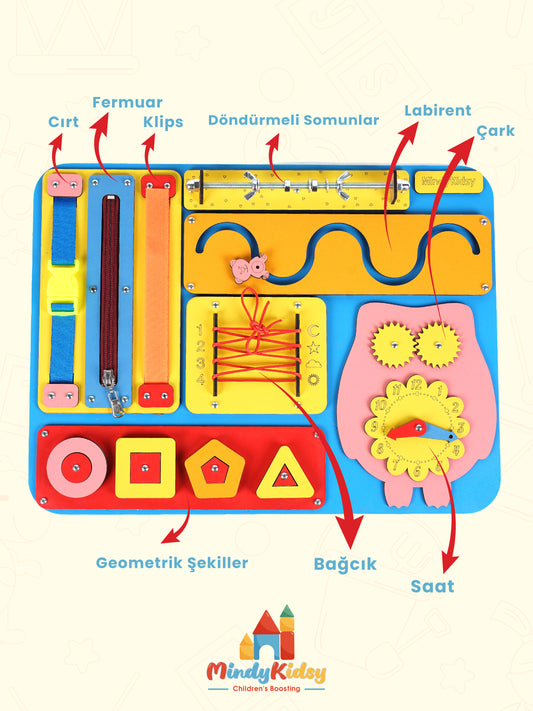 Montessori Aktivite ve Öğrenme Panosu Eğitici 40x30 Geliştirici Ahşap Oyuncak Tahtası