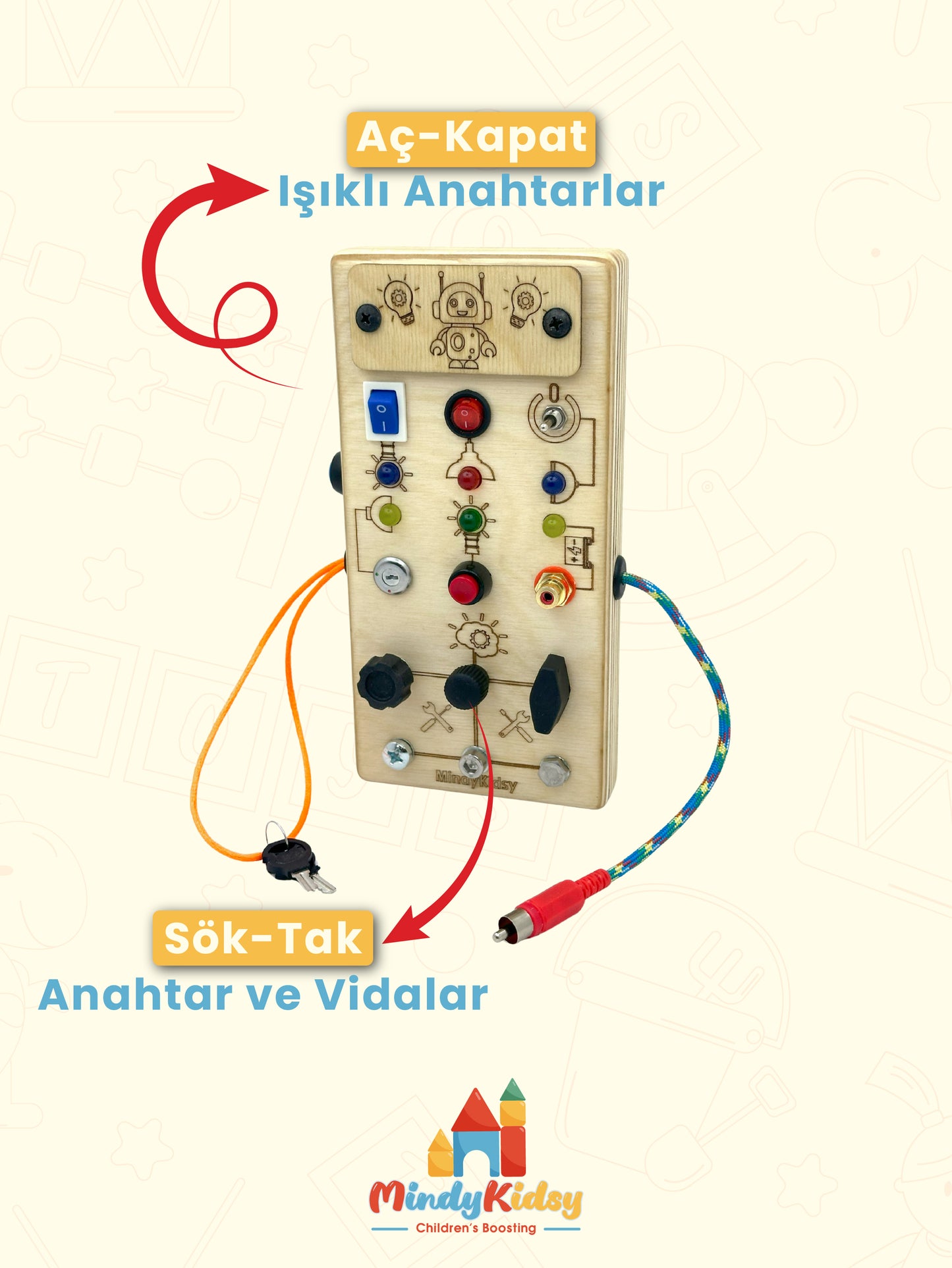 Eğitici Ahşap Montessori Işıklı Civatalı Vidalı Oyun Panosu