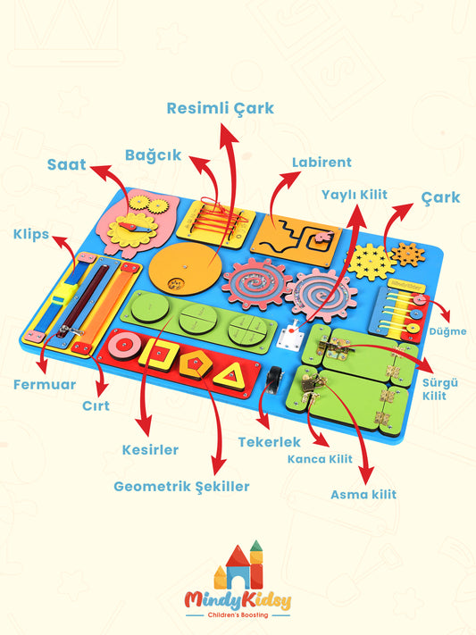 Montessori Aktivite ve Öğrenme Panosu Eğitici 60x40 Geliştirici Ahşap Oyuncak Tahtası
