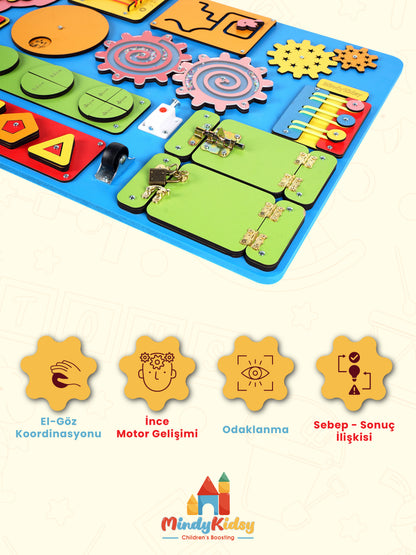 Montessori Aktivite ve Öğrenme Panosu Eğitici 60x40 Geliştirici Ahşap Oyuncak Tahtası