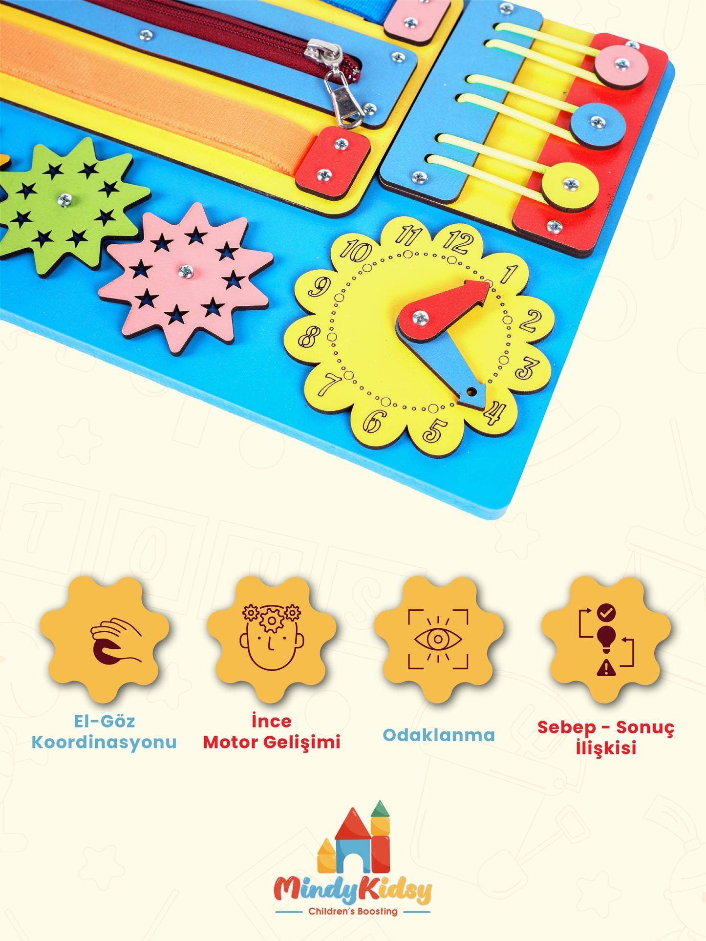 Montessori Aktivite ve Öğrenme Panosu Eğitici 30x20 Geliştirici Ahşap Oyuncak Tahtası