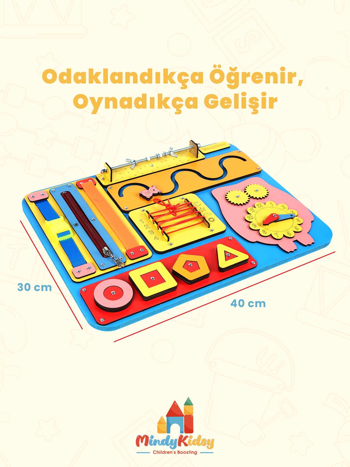 Montessori Aktivite ve Öğrenme Panosu Eğitici 40x30 Geliştirici Ahşap Oyuncak Tahtası